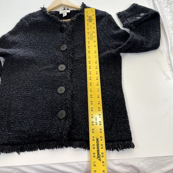 TALBOTS Womens LG Charcoal Wool/Alpaca Blend Button Front Fringe Cardigan Dark - Picture 6 of 8